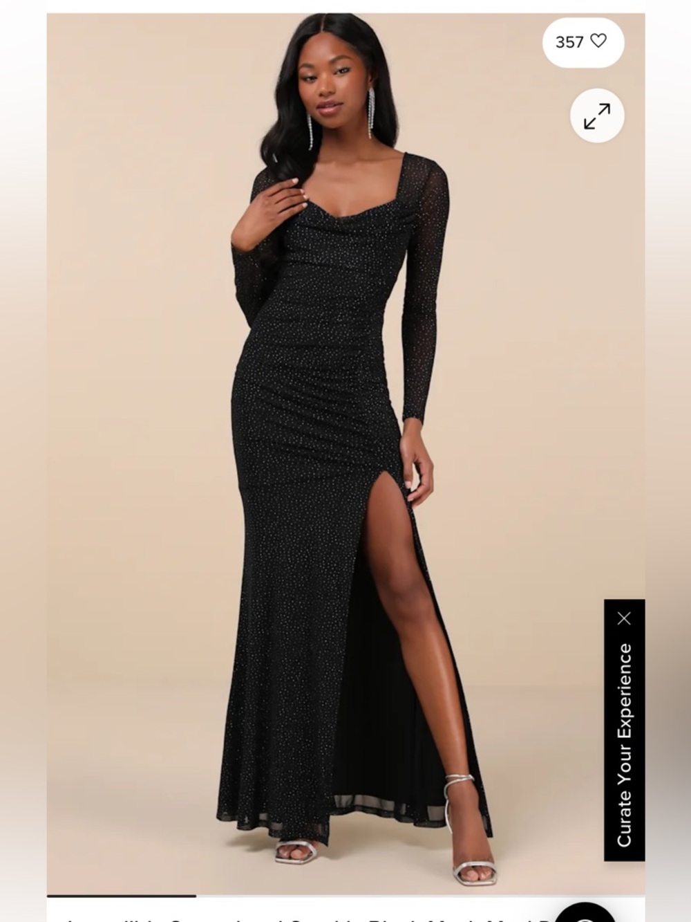 Lulu's Black Sparkle Long-Sleeve Side-Slit Gown